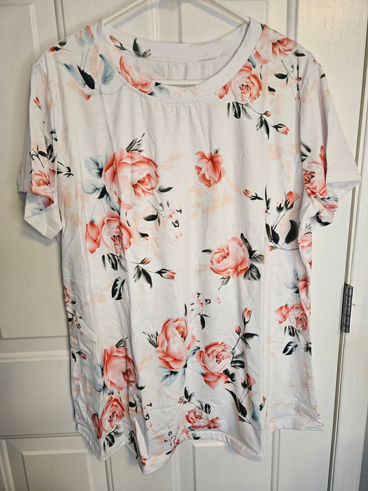 Women's White/Coral Flowered Tee Shirt