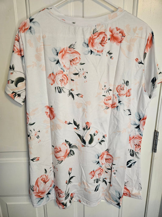 Women's White/Coral Flowered Tee Shirt